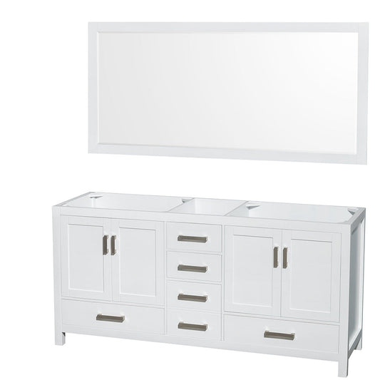 Wyndham Collection Sheffield 72" Double Bathroom Vanity in White, No Countertop, No Sinks, and 70" Mirror