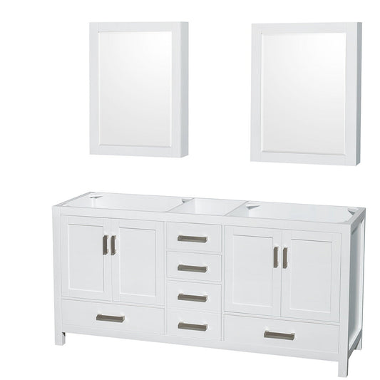 Wyndham Collection Sheffield 72" Double Bathroom Vanity in White, No Countertop, No Sinks, and Medicine Cabinet
