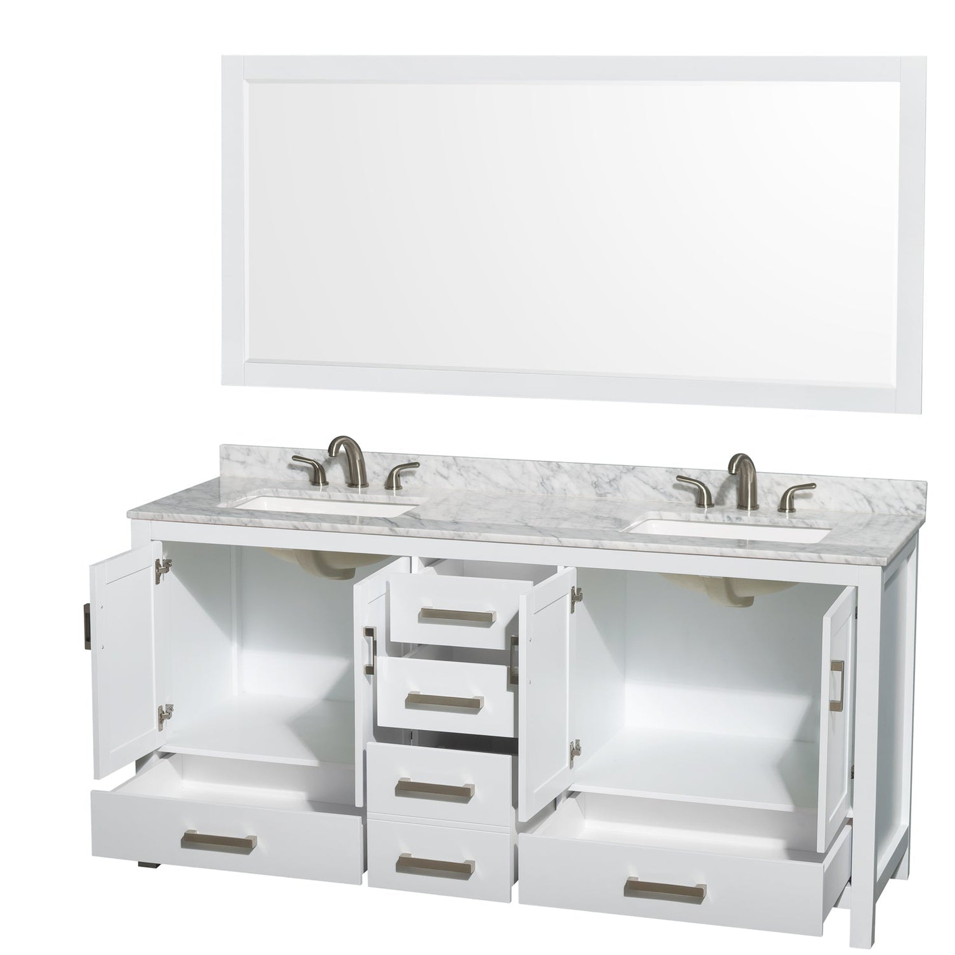 Wyndham Collection Sheffield 72" Double Bathroom Vanity in White, White Carrara Marble Countertop, Undermount 3-Hole Square Sinks, 70" Mirror