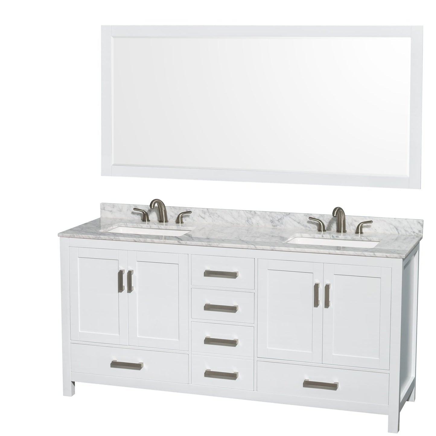 Wyndham Collection Sheffield 72" Double Bathroom Vanity in White, White Carrara Marble Countertop, Undermount 3-Hole Square Sinks, 70" Mirror