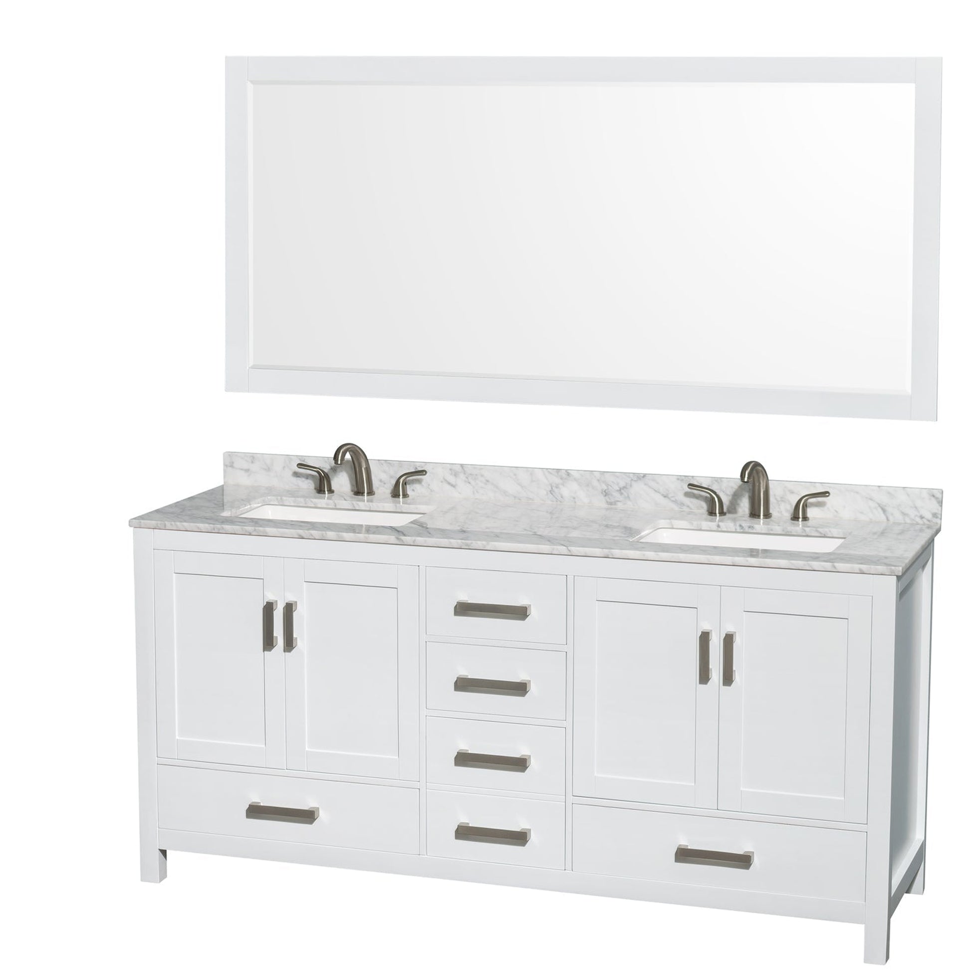 Wyndham Collection Sheffield 72" Double Bathroom Vanity in White, White Carrara Marble Countertop, Undermount 3-Hole Square Sinks, 70" Mirror