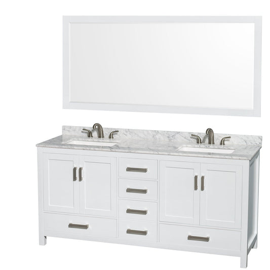 Wyndham Collection Sheffield 72" Double Bathroom Vanity in White, White Carrara Marble Countertop, Undermount 3-Hole Square Sinks, 70" Mirror