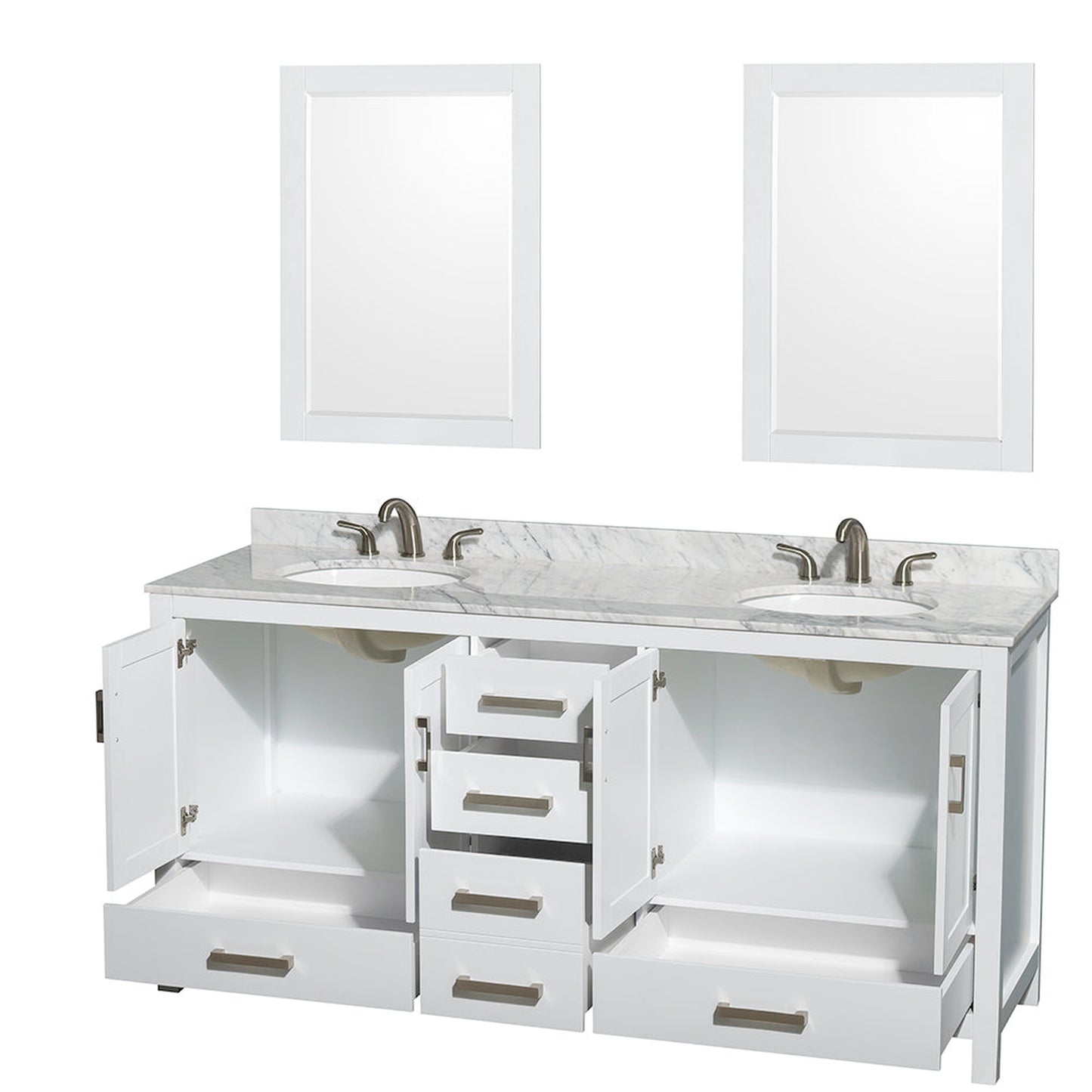 Wyndham Collection Sheffield 72" Double Bathroom Vanity in White, White Carrara Marble Countertop, Undermount Oval Sinks, and 24" Mirror