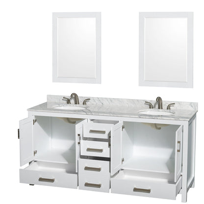 Wyndham Collection Sheffield 72" Double Bathroom Vanity in White, White Carrara Marble Countertop, Undermount Oval Sinks, and 24" Mirror