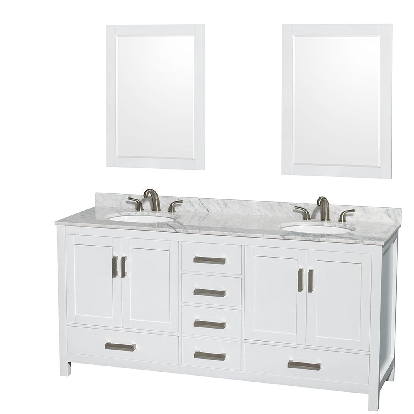 Wyndham Collection Sheffield 72" Double Bathroom Vanity in White, White Carrara Marble Countertop, Undermount Oval Sinks, and 24" Mirror