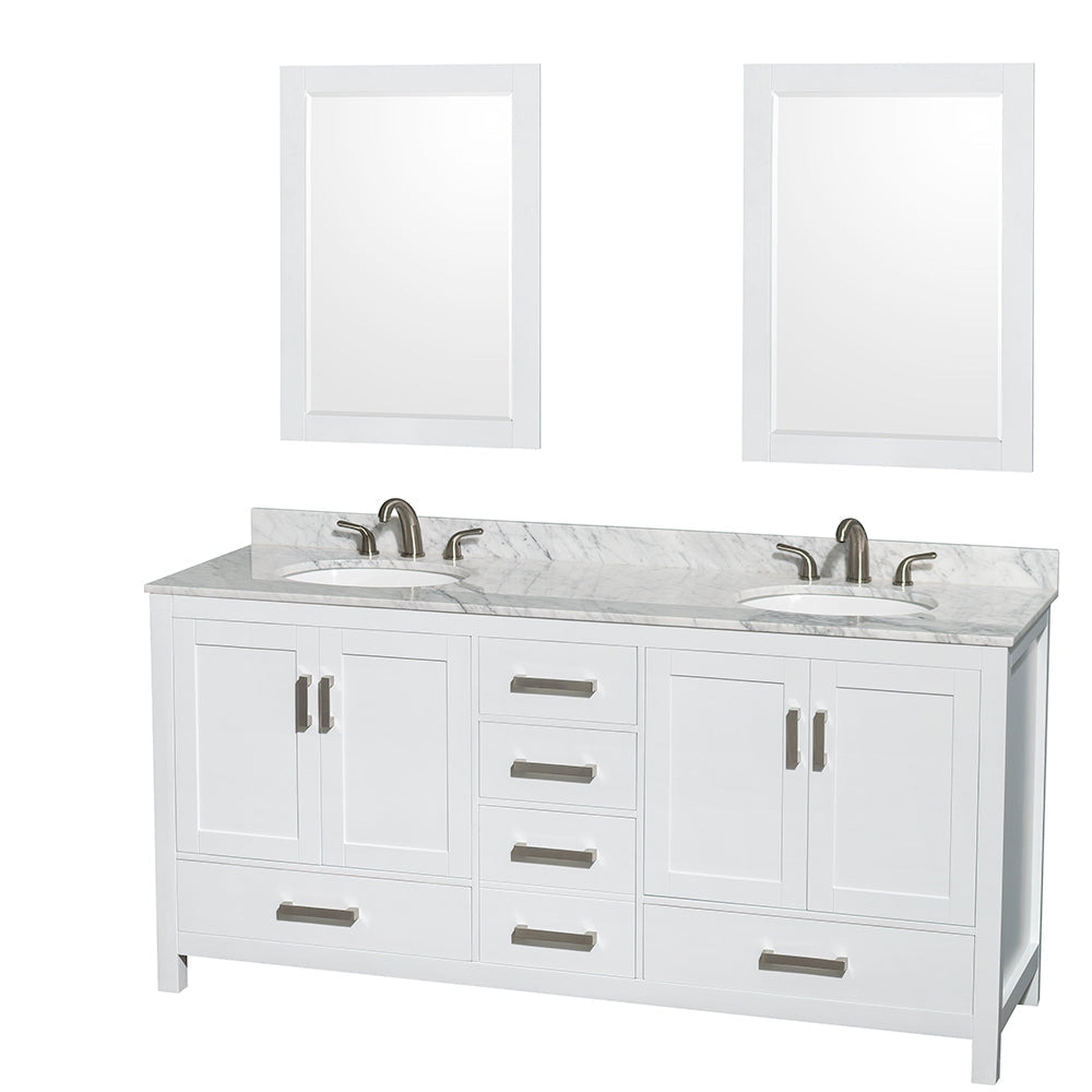 Wyndham Collection Sheffield 72" Double Bathroom Vanity in White, White Carrara Marble Countertop, Undermount Oval Sinks, and 24" Mirror