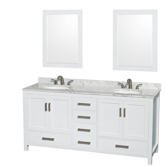 Wyndham Collection Sheffield 72" Double Bathroom Vanity in White, White Carrara Marble Countertop, Undermount Oval Sinks, and 24" Mirror