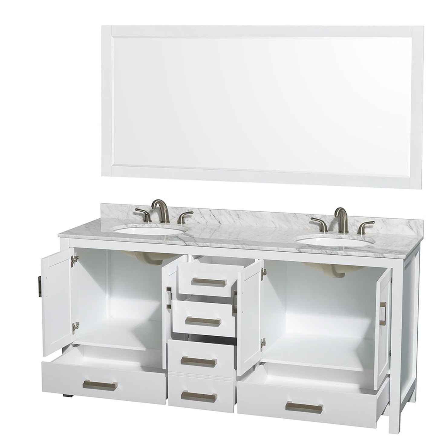 Wyndham Collection Sheffield 72" Double Bathroom Vanity in White, White Carrara Marble Countertop, Undermount Oval Sinks, and 70" Mirror