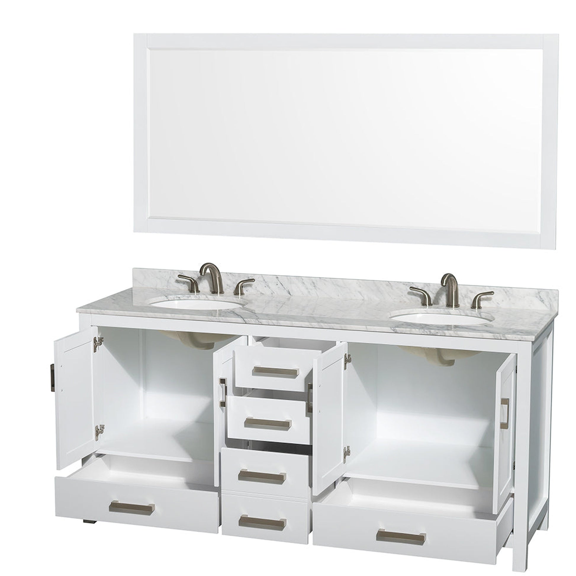 Wyndham Collection Sheffield 72" Double Bathroom Vanity in White, White Carrara Marble Countertop, Undermount Oval Sinks, and 70" Mirror