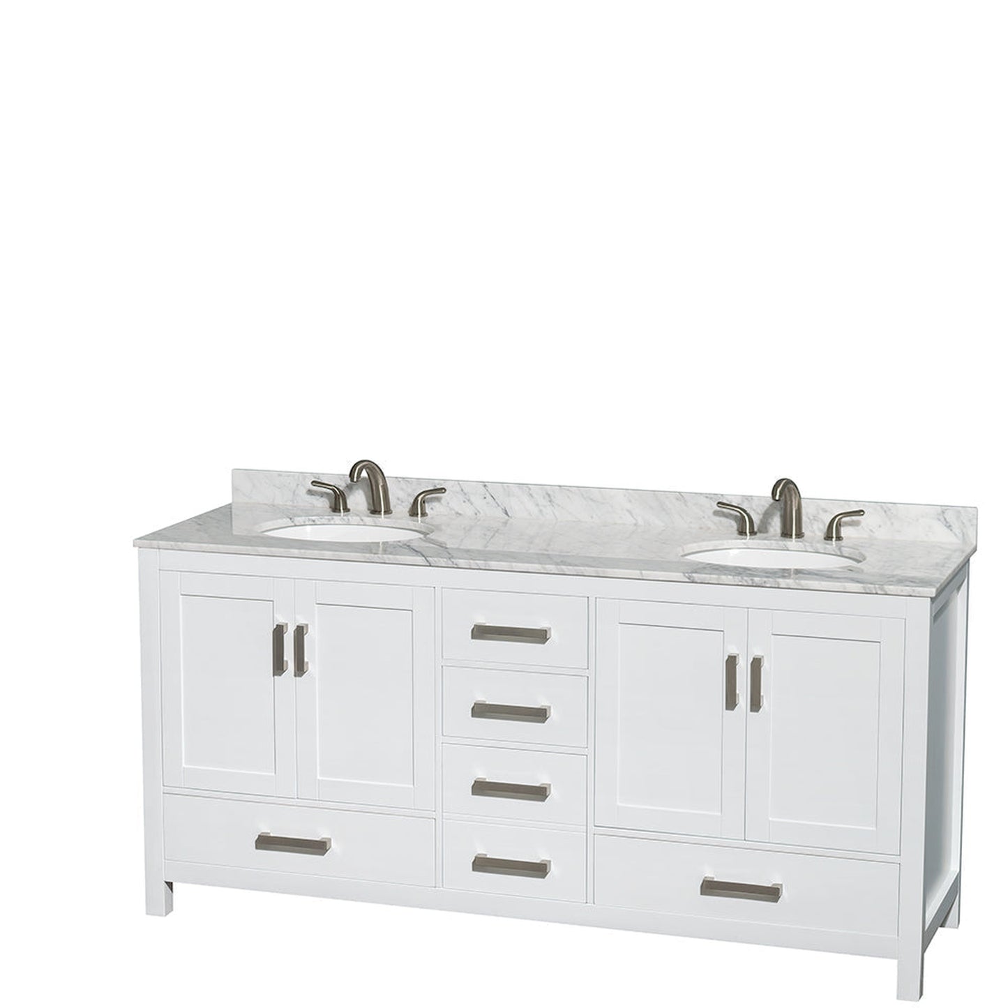 Wyndham Collection Sheffield 72" Double Bathroom Vanity in White, White Carrara Marble Countertop, Undermount Oval Sinks, and 70" Mirror