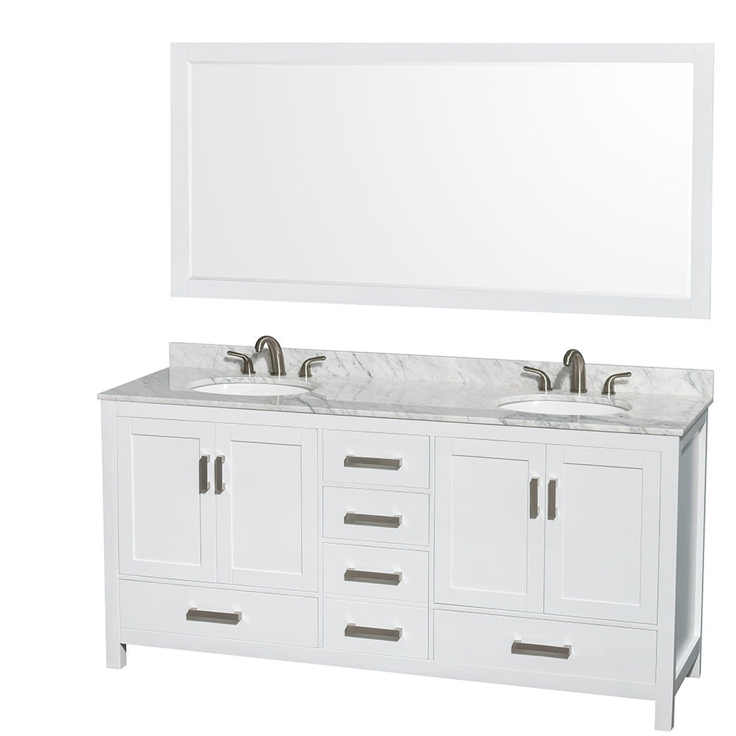 Wyndham Collection Sheffield 72" Double Bathroom Vanity in White, White Carrara Marble Countertop, Undermount Oval Sinks, and 70" Mirror