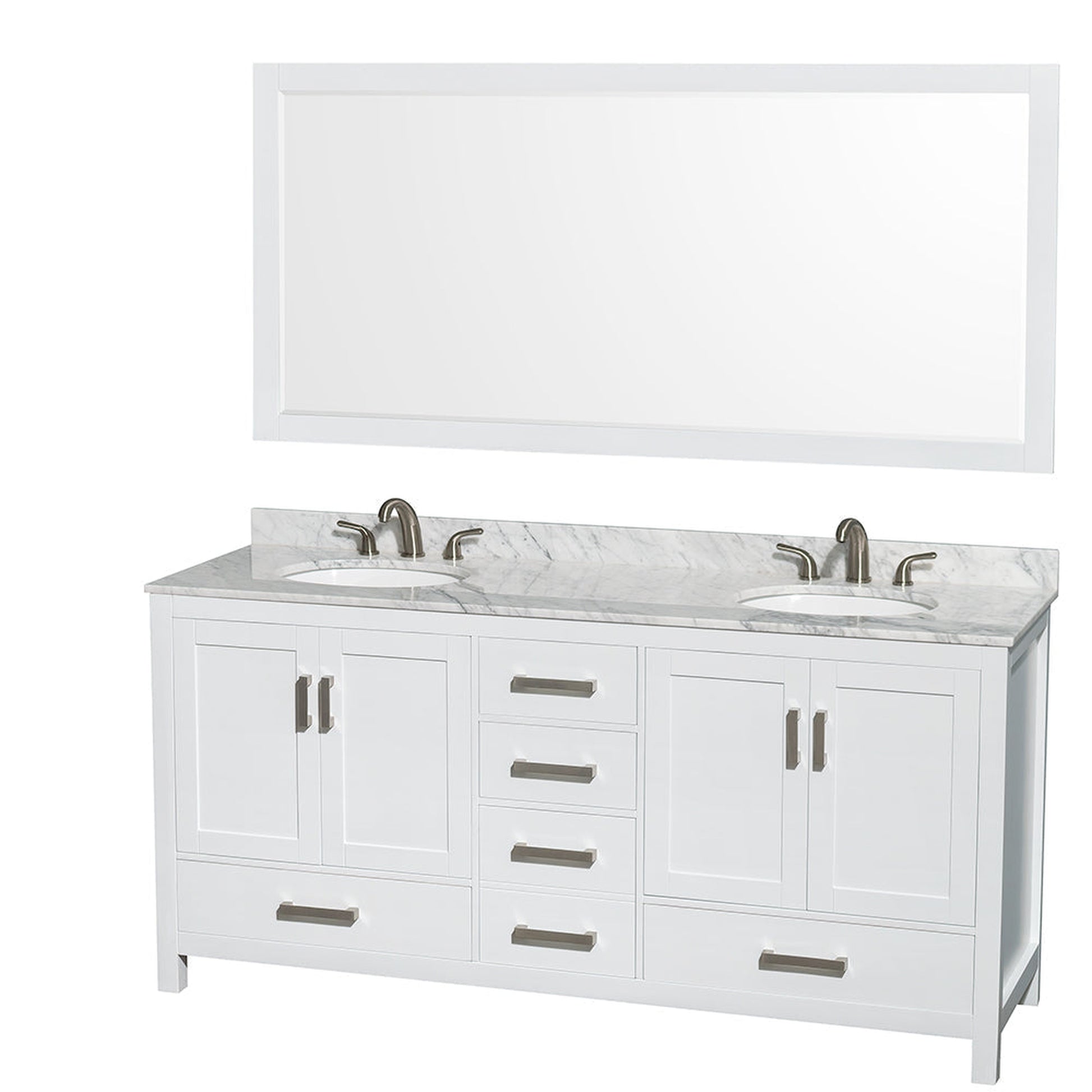 Wyndham Collection Sheffield 72" Double Bathroom Vanity in White, White Carrara Marble Countertop, Undermount Oval Sinks, and 70" Mirror