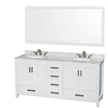 Wyndham Collection Sheffield 72" Double Bathroom Vanity in White, White Carrara Marble Countertop, Undermount Oval Sinks, and 70" Mirror