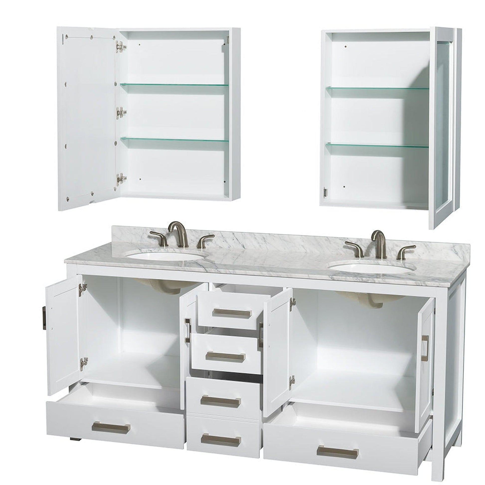 Wyndham Collection Sheffield 72" Double Bathroom Vanity in White, White Carrara Marble Countertop, Undermount Oval Sinks, and Medicine Cabinet