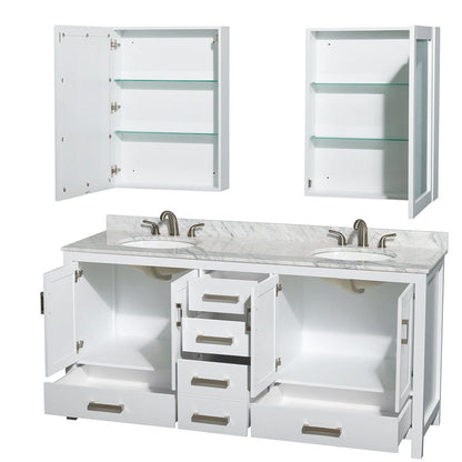 Wyndham Collection Sheffield 72" Double Bathroom Vanity in White, White Carrara Marble Countertop, Undermount Oval Sinks, and Medicine Cabinet