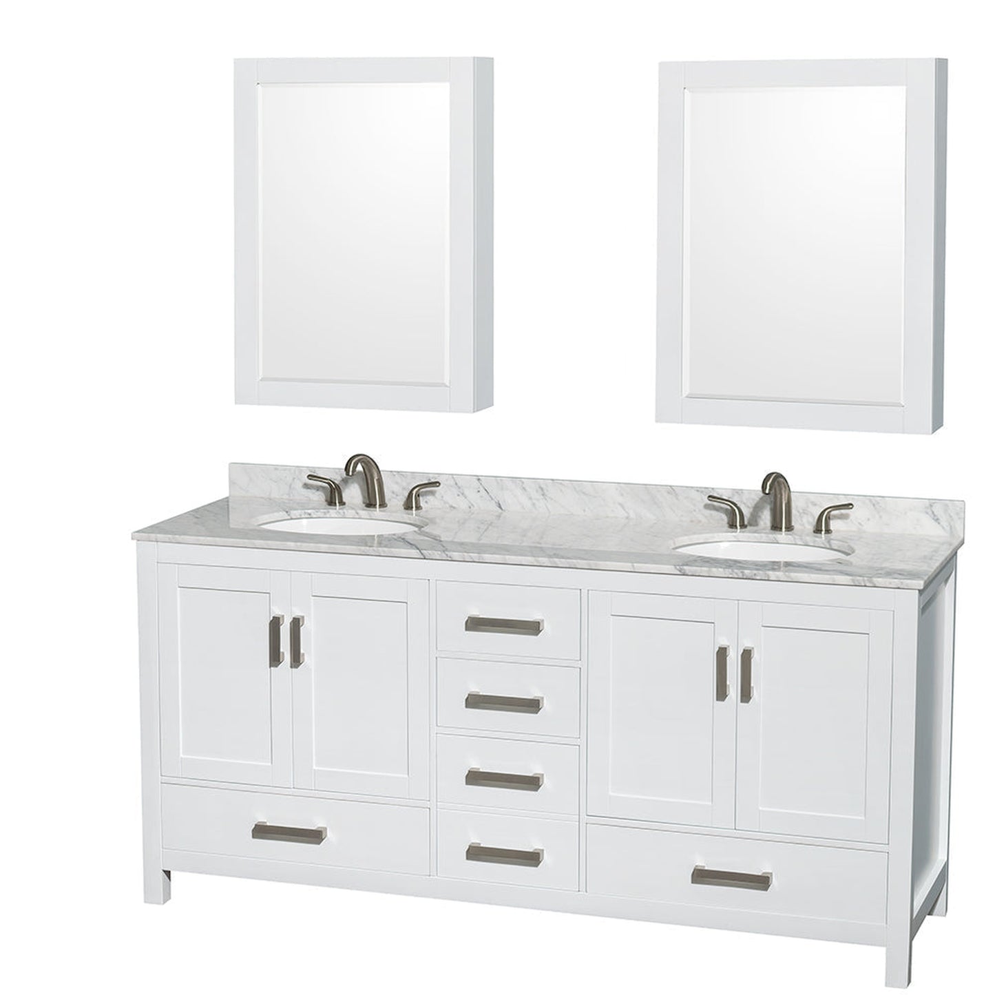 Wyndham Collection Sheffield 72" Double Bathroom Vanity in White, White Carrara Marble Countertop, Undermount Oval Sinks, and Medicine Cabinet