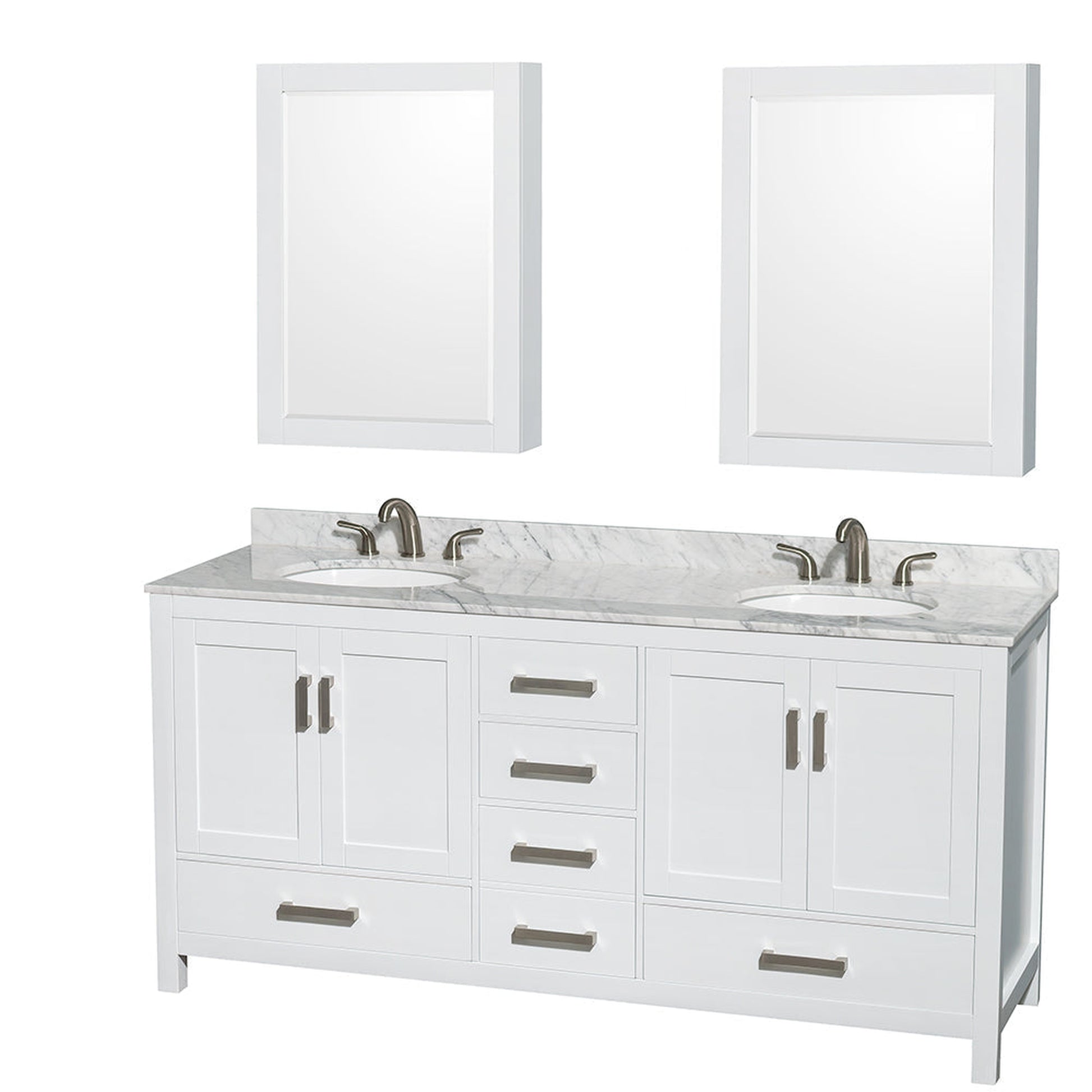 Wyndham Collection Sheffield 72" Double Bathroom Vanity in White, White Carrara Marble Countertop, Undermount Oval Sinks, and Medicine Cabinet