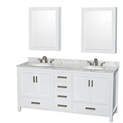 Wyndham Collection Sheffield 72" Double Bathroom Vanity in White, White Carrara Marble Countertop, Undermount Oval Sinks, and Medicine Cabinet