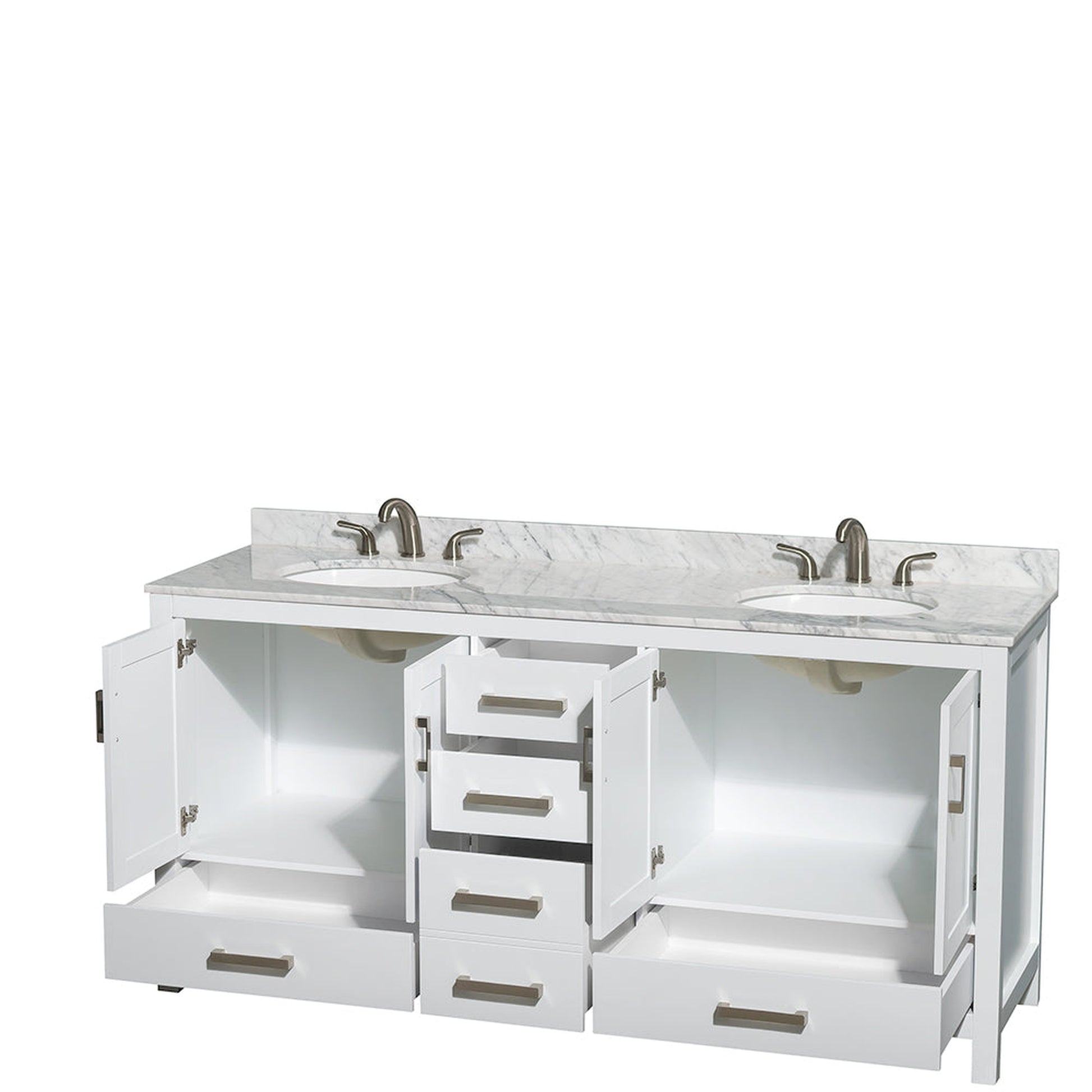 Wyndham Collection Sheffield 72" Double Bathroom Vanity in White, White Carrara Marble Countertop, Undermount Oval Sinks, and No Mirror