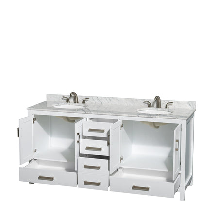 Wyndham Collection Sheffield 72" Double Bathroom Vanity in White, White Carrara Marble Countertop, Undermount Oval Sinks, and No Mirror