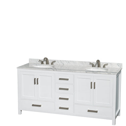 Wyndham Collection Sheffield 72" Double Bathroom Vanity in White, White Carrara Marble Countertop, Undermount Oval Sinks, and No Mirror