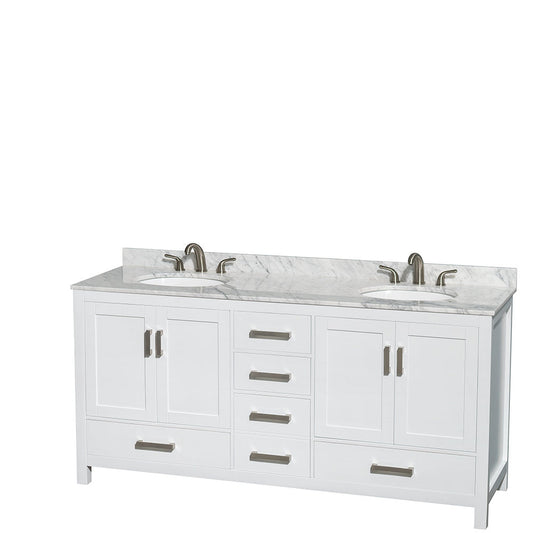 Wyndham Collection Sheffield 72" Double Bathroom Vanity in White, White Carrara Marble Countertop, Undermount Oval Sinks, and No Mirror