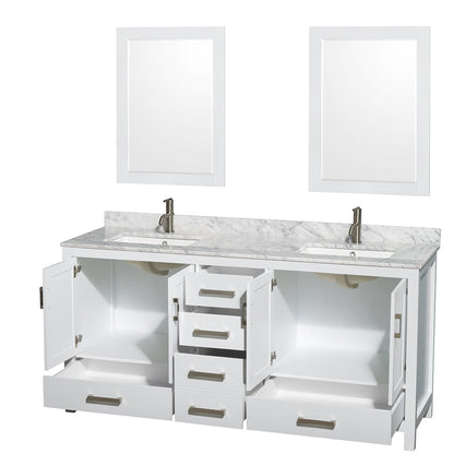 Wyndham Collection Sheffield 72" Double Bathroom Vanity in White, White Carrara Marble Countertop, Undermount Square Sinks, and 24" Mirror