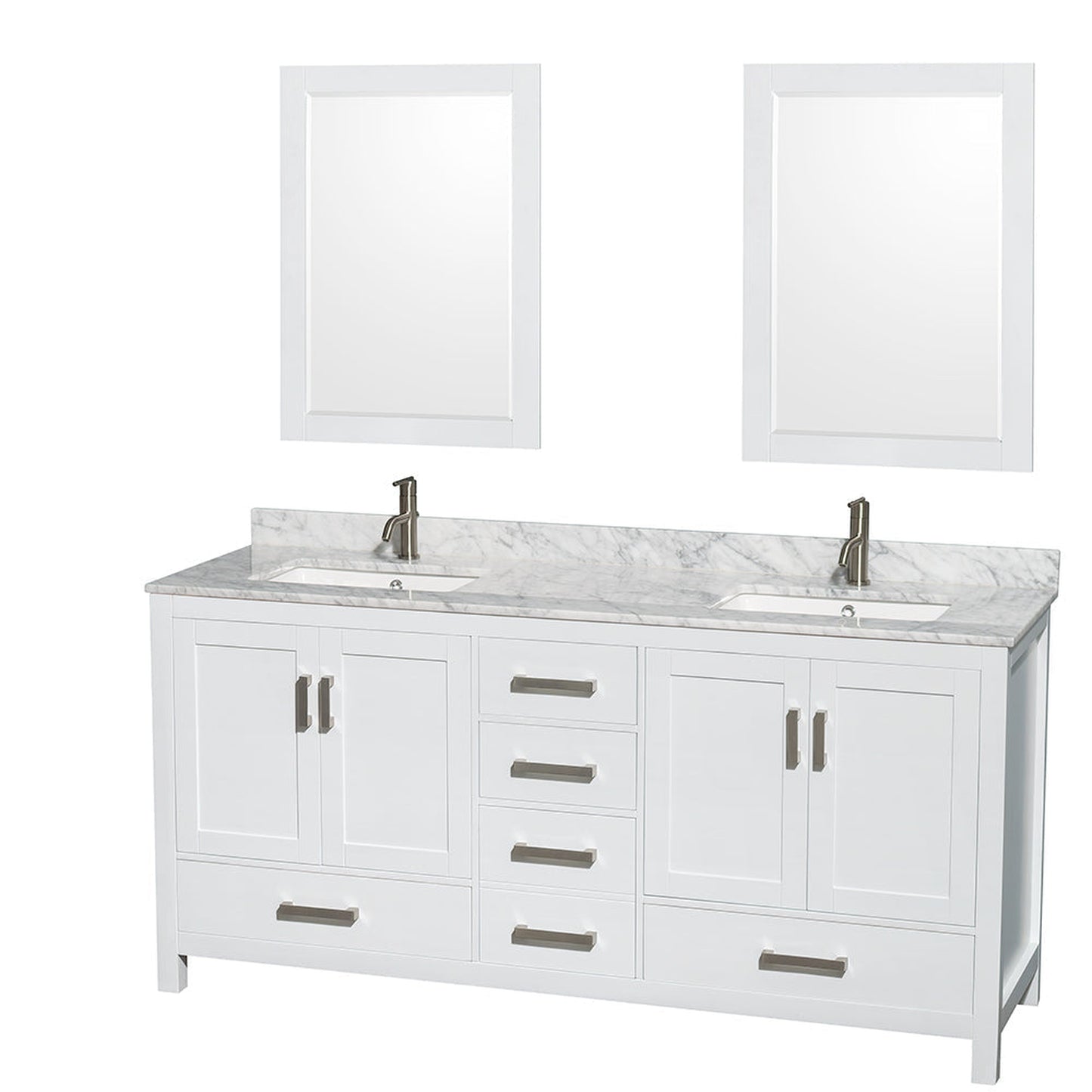 Wyndham Collection Sheffield 72" Double Bathroom Vanity in White, White Carrara Marble Countertop, Undermount Square Sinks, and 24" Mirror