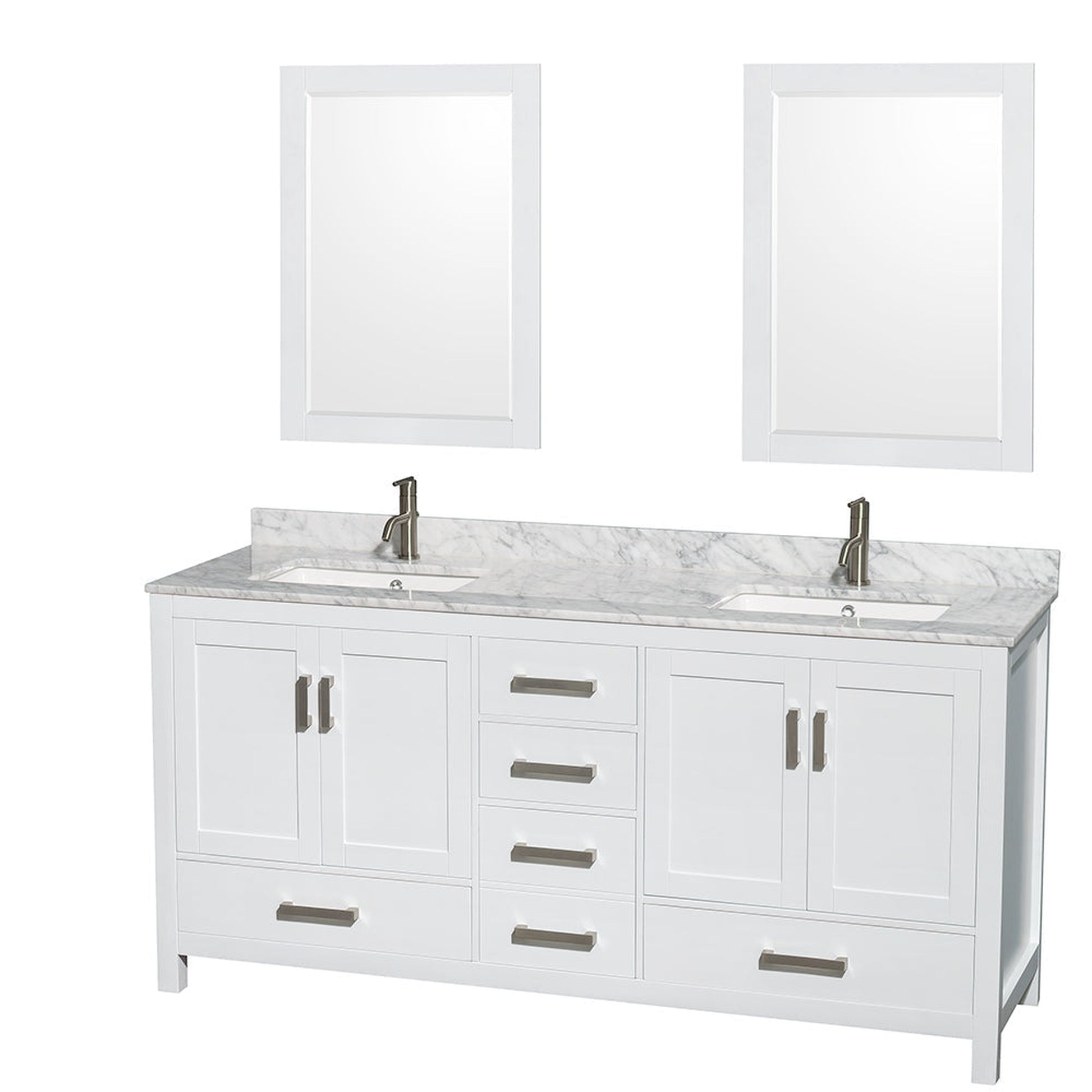Wyndham Collection Sheffield 72" Double Bathroom Vanity in White, White Carrara Marble Countertop, Undermount Square Sinks, and 24" Mirror