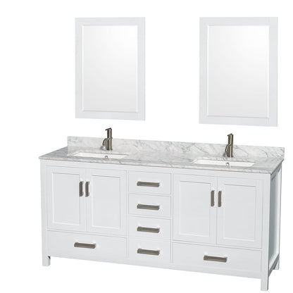 Wyndham Collection Sheffield 72" Double Bathroom Vanity in White, White Carrara Marble Countertop, Undermount Square Sinks, and 24" Mirror