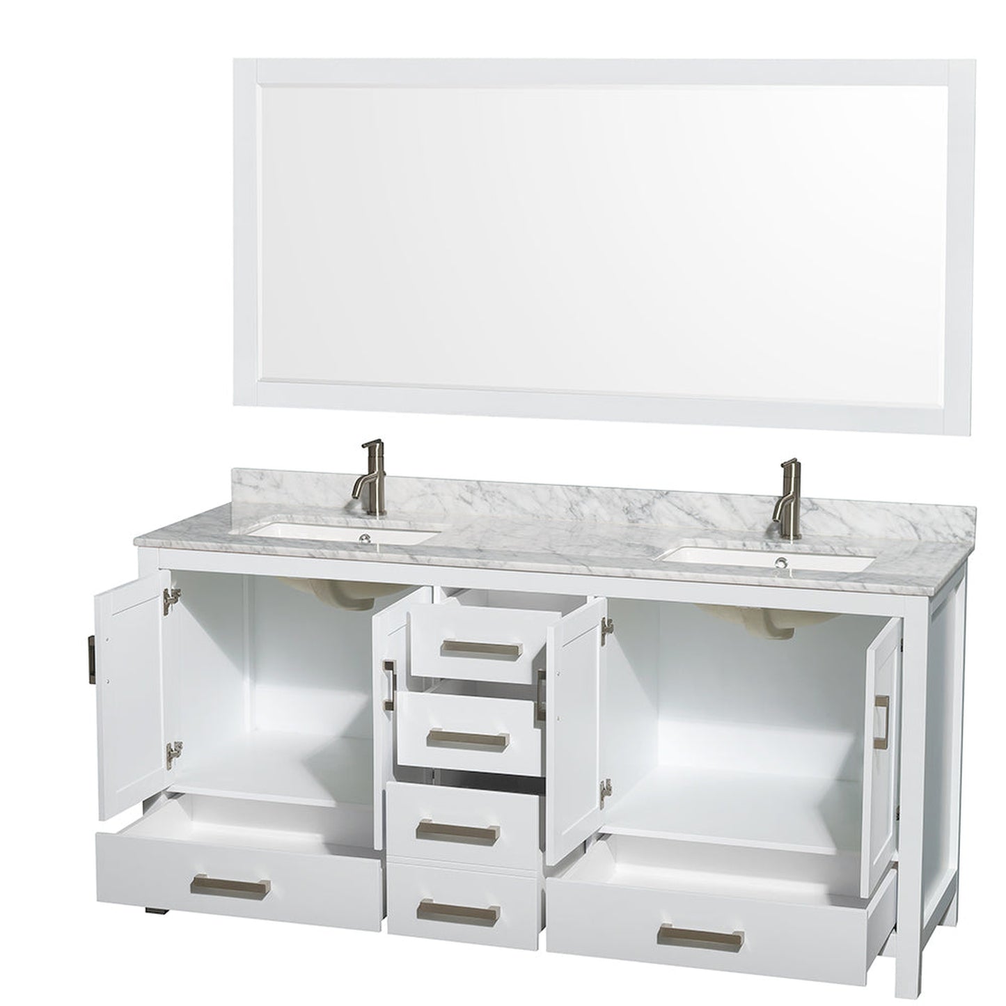Wyndham Collection Sheffield 72" Double Bathroom Vanity in White, White Carrara Marble Countertop, Undermount Square Sinks, and 70" Mirror