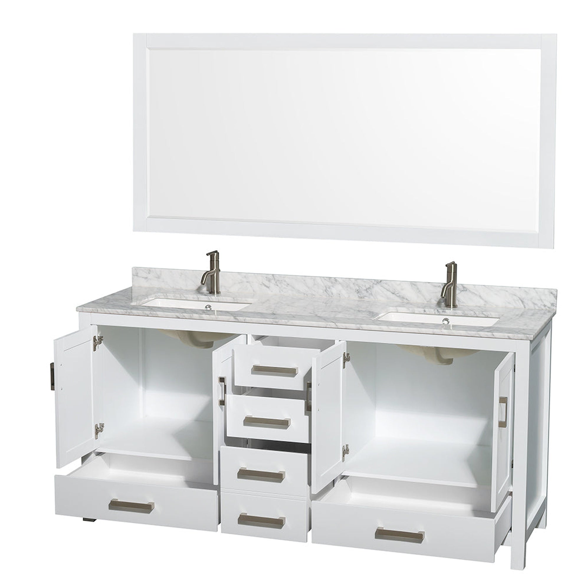 Wyndham Collection Sheffield 72" Double Bathroom Vanity in White, White Carrara Marble Countertop, Undermount Square Sinks, and 70" Mirror