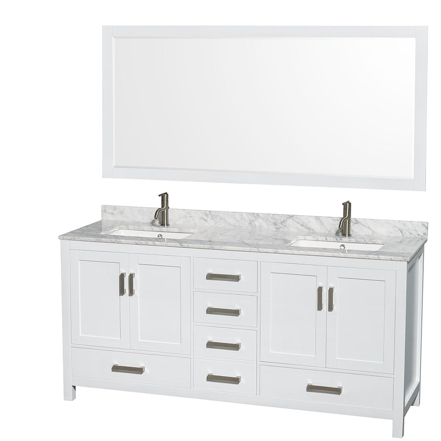 Wyndham Collection Sheffield 72" Double Bathroom Vanity in White, White Carrara Marble Countertop, Undermount Square Sinks, and 70" Mirror