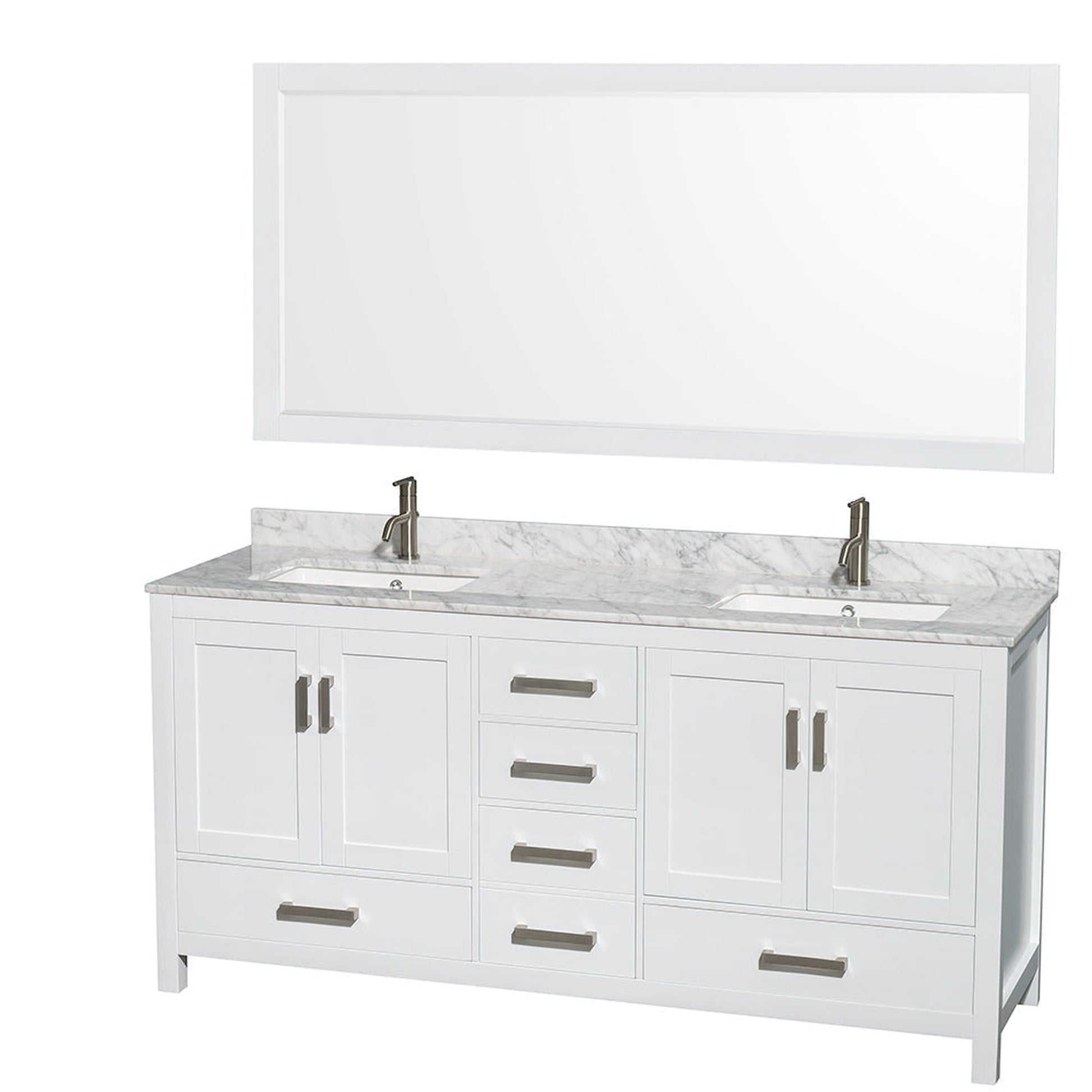 Wyndham Collection Sheffield 72" Double Bathroom Vanity in White, White Carrara Marble Countertop, Undermount Square Sinks, and 70" Mirror