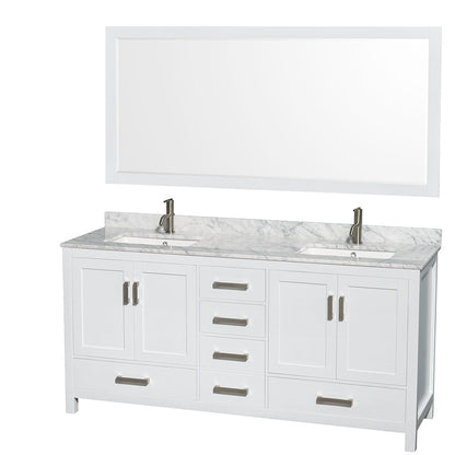 Wyndham Collection Sheffield 72" Double Bathroom Vanity in White, White Carrara Marble Countertop, Undermount Square Sinks, and 70" Mirror