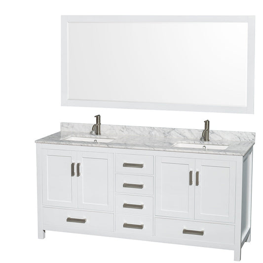 Wyndham Collection Sheffield 72" Double Bathroom Vanity in White, White Carrara Marble Countertop, Undermount Square Sinks, and 70" Mirror