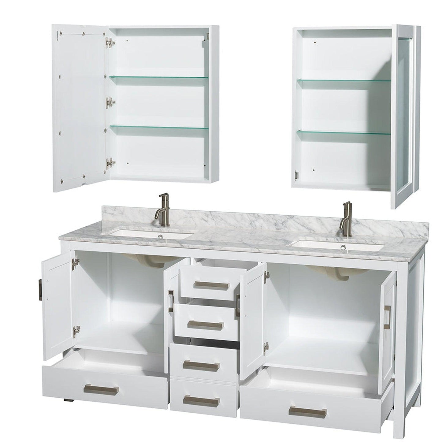 Wyndham Collection Sheffield 72" Double Bathroom Vanity in White, White Carrara Marble Countertop, Undermount Square Sinks, and Medicine Cabinet