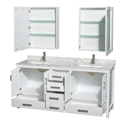Wyndham Collection Sheffield 72" Double Bathroom Vanity in White, White Carrara Marble Countertop, Undermount Square Sinks, and Medicine Cabinet