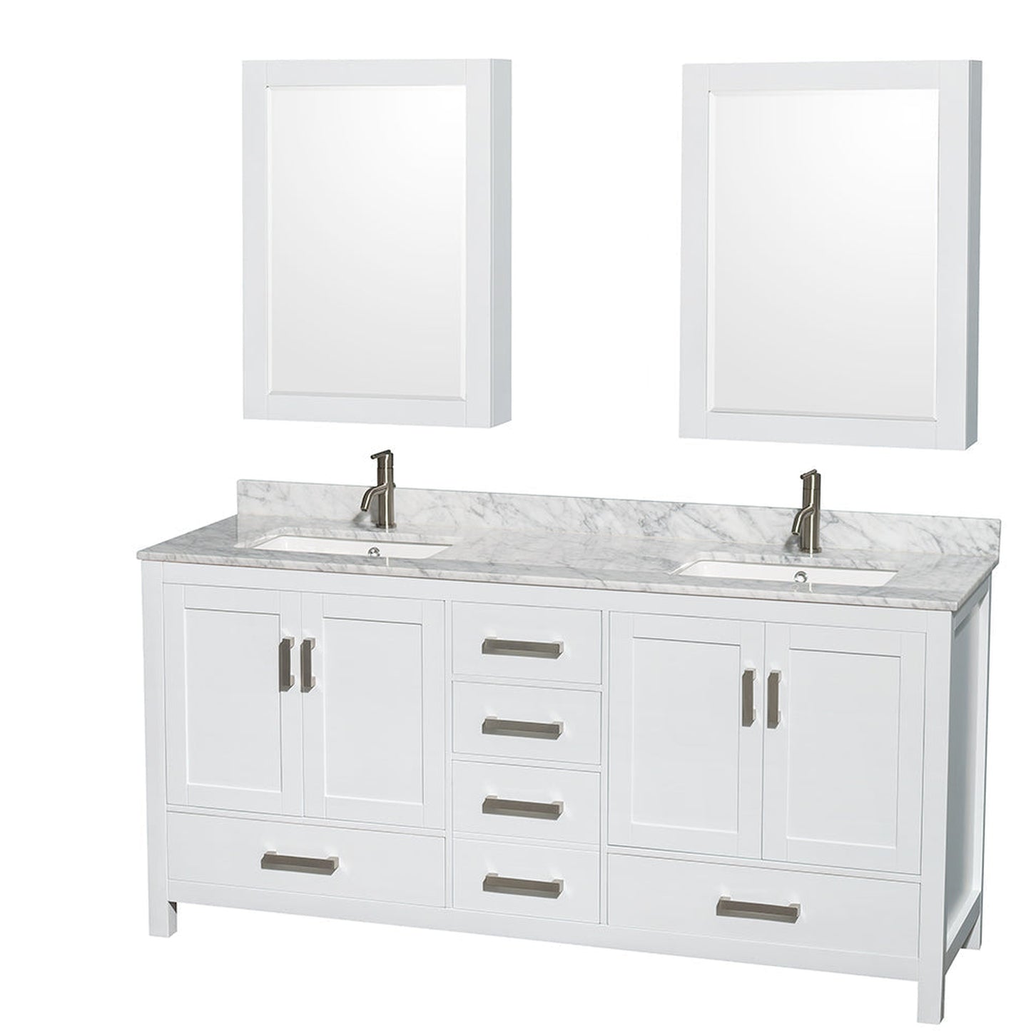 Wyndham Collection Sheffield 72" Double Bathroom Vanity in White, White Carrara Marble Countertop, Undermount Square Sinks, and Medicine Cabinet
