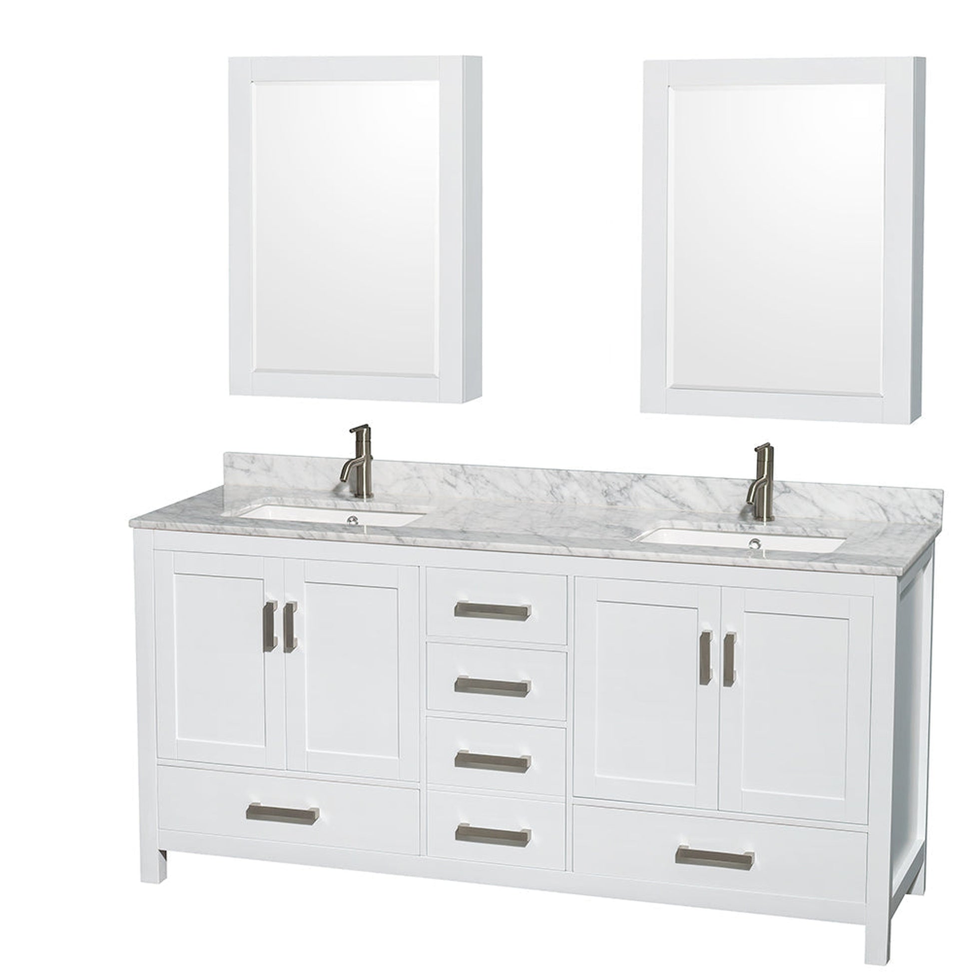 Wyndham Collection Sheffield 72" Double Bathroom Vanity in White, White Carrara Marble Countertop, Undermount Square Sinks, and Medicine Cabinet