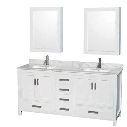 Wyndham Collection Sheffield 72" Double Bathroom Vanity in White, White Carrara Marble Countertop, Undermount Square Sinks, and Medicine Cabinet