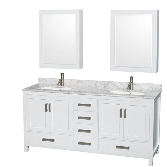 Wyndham Collection Sheffield 72" Double Bathroom Vanity in White, White Carrara Marble Countertop, Undermount Square Sinks, and Medicine Cabinet