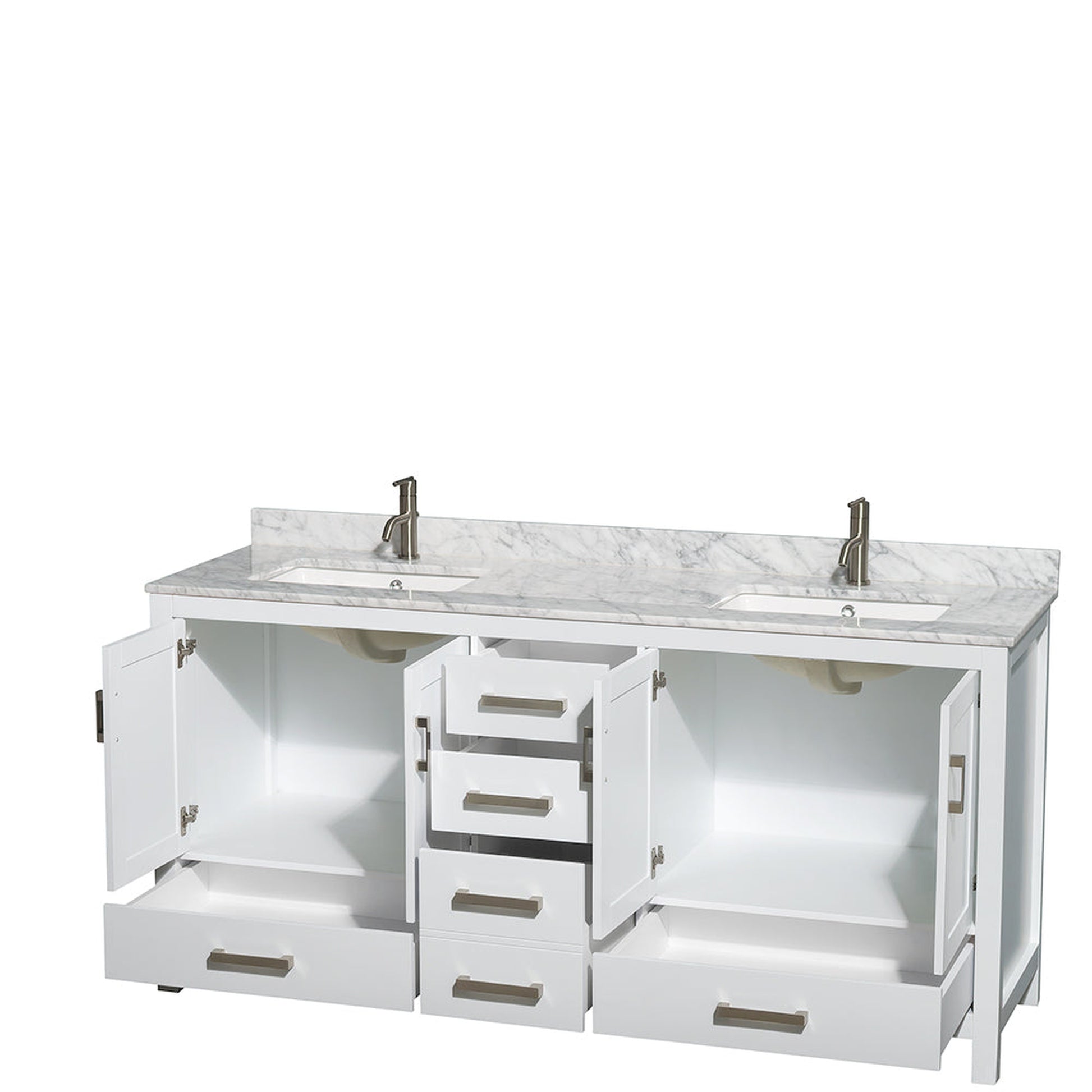 Wyndham Collection Sheffield 72" Double Bathroom Vanity in White, White Carrara Marble Countertop, Undermount Square Sinks, and No Mirror