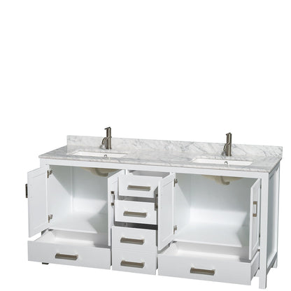 Wyndham Collection Sheffield 72" Double Bathroom Vanity in White, White Carrara Marble Countertop, Undermount Square Sinks, and No Mirror