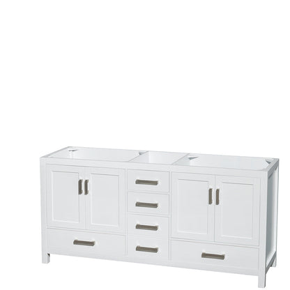 Wyndham Collection Sheffield 72" Double Bathroom Vanity in White, White Carrara Marble Countertop, Undermount Square Sinks, and No Mirror