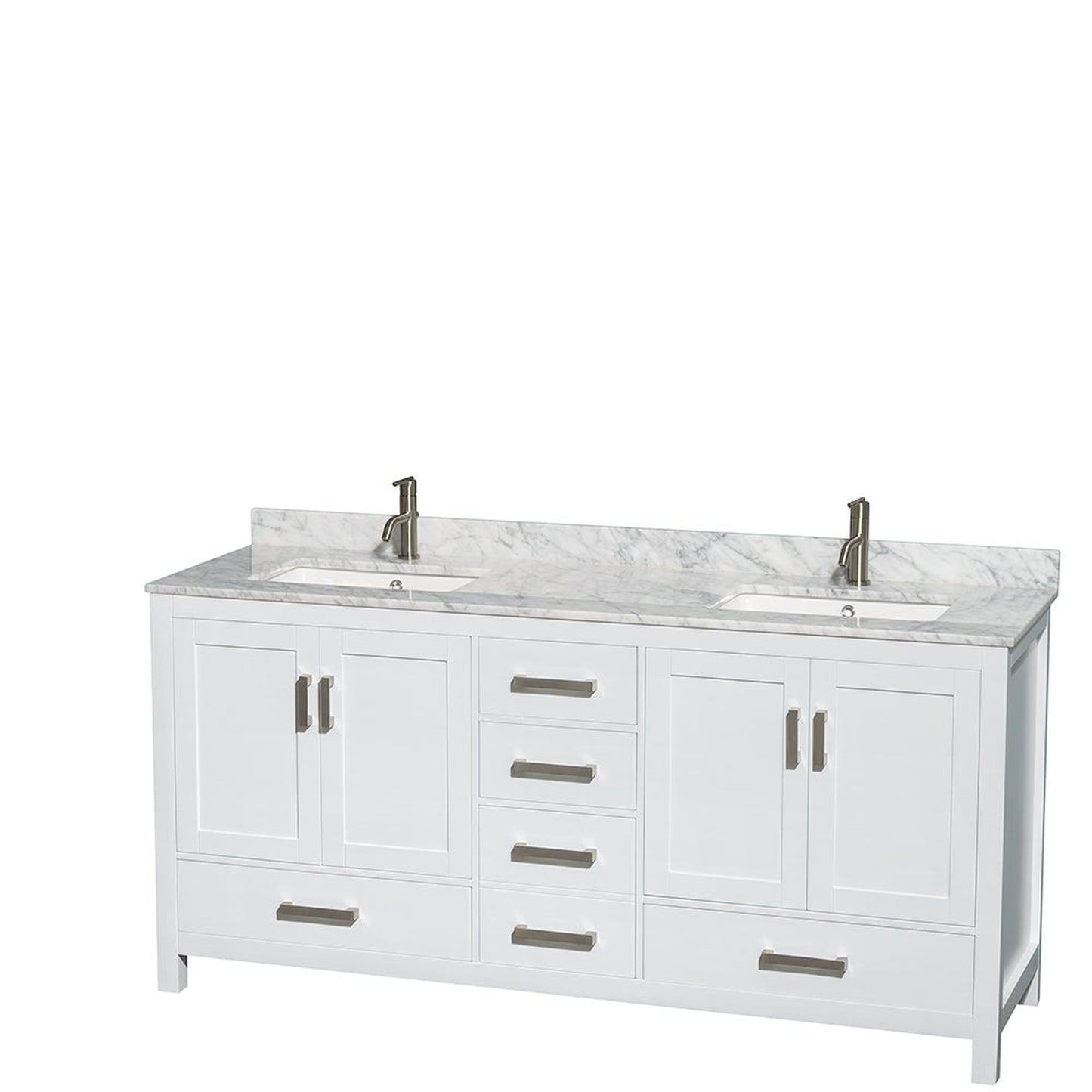 Wyndham Collection Sheffield 72" Double Bathroom Vanity in White, White Carrara Marble Countertop, Undermount Square Sinks, and No Mirror