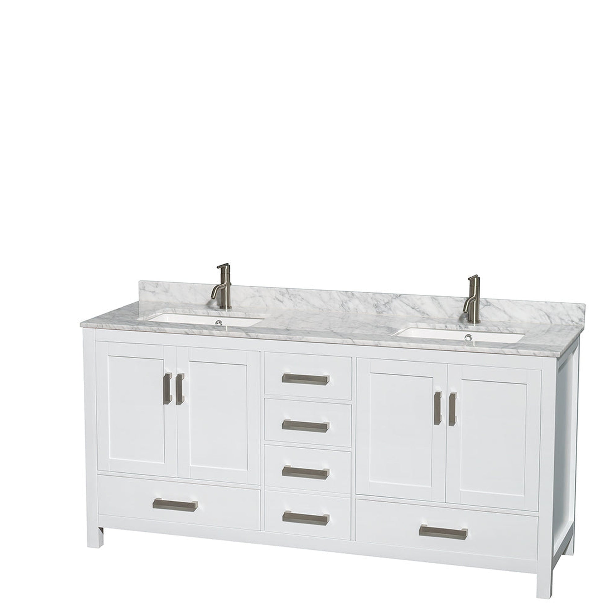 Wyndham Collection Sheffield 72" Double Bathroom Vanity in White, White Carrara Marble Countertop, Undermount Square Sinks, and No Mirror