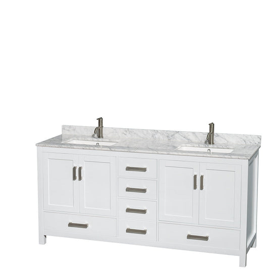 Wyndham Collection Sheffield 72" Double Bathroom Vanity in White, White Carrara Marble Countertop, Undermount Square Sinks, and No Mirror