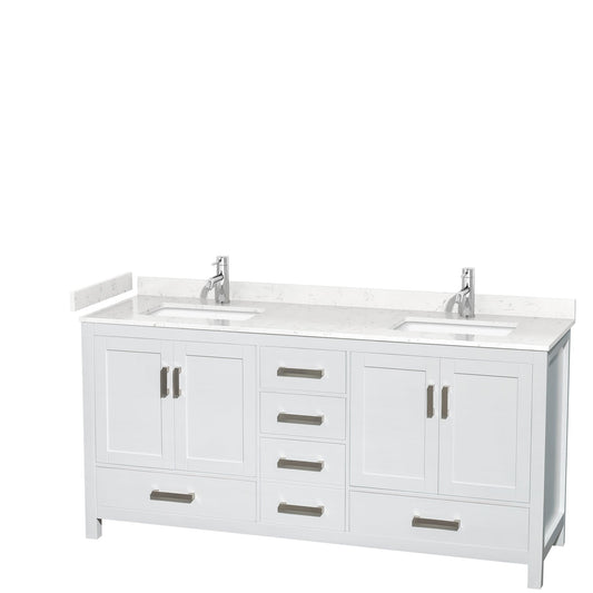 Wyndham Collection Sheffield 72" Double Bathroom Vanity in White, White Cultured Marble Countertop, Undermount Square Sinks, 24" Mirror