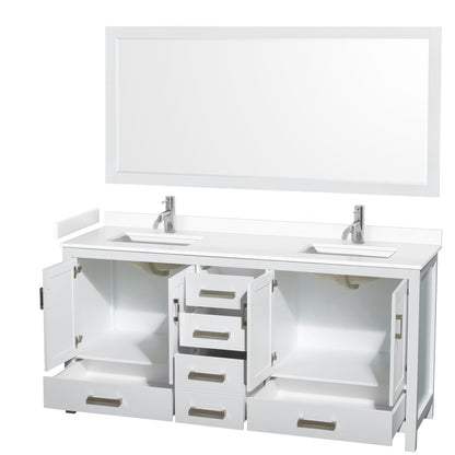 Wyndham Collection Sheffield 72" Double Bathroom Vanity in White, White Cultured Marble Countertop, Undermount Square Sinks, 70" Mirror